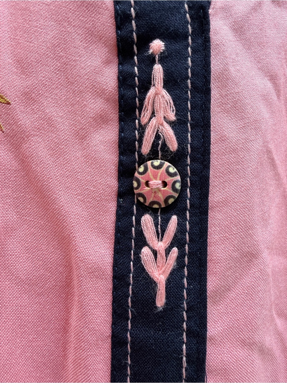 Pink Floral Kurti Navy Trim Embroidery Hand Painted Buttons & Yellow Flowers π - Picture 3 of 7
